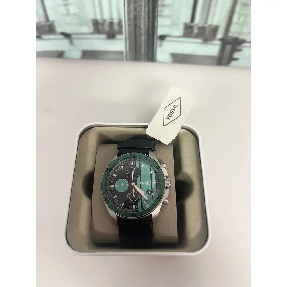 Fossil BQ16231014 Men Chronograph Watch 43mm Steel Case Green Bezel